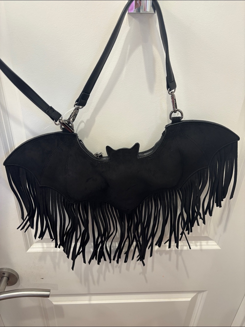 NWT Betsey Johnson Black Fringe Bat-Shaped Shoulder/Crossbody Bag - Picture 2 of 6